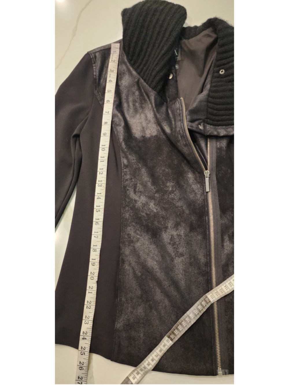 Armani Exchange Black Asymmetric Zip Jacket M Knit Cowl Faux Suede Leather Moto - Picture 11 of 14